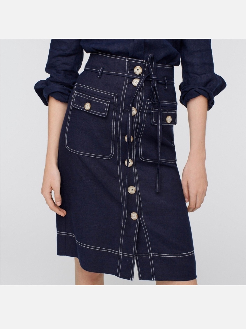 J. Crew Navy Midi Button-Front Skirt with Contrast Stitching